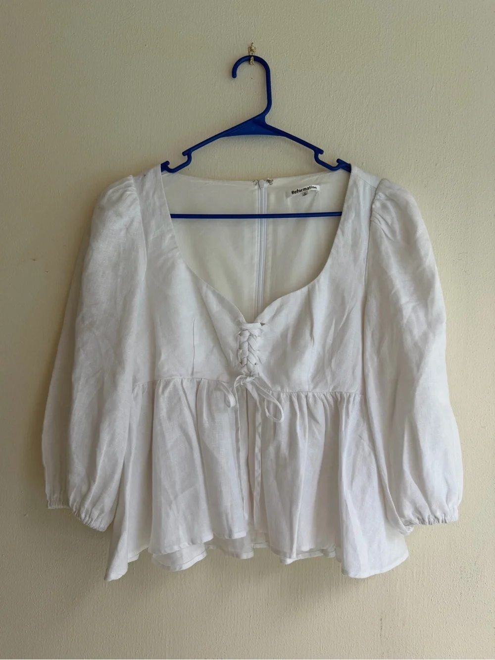 Reformation White Linen Lace-Up Peasant Blouse